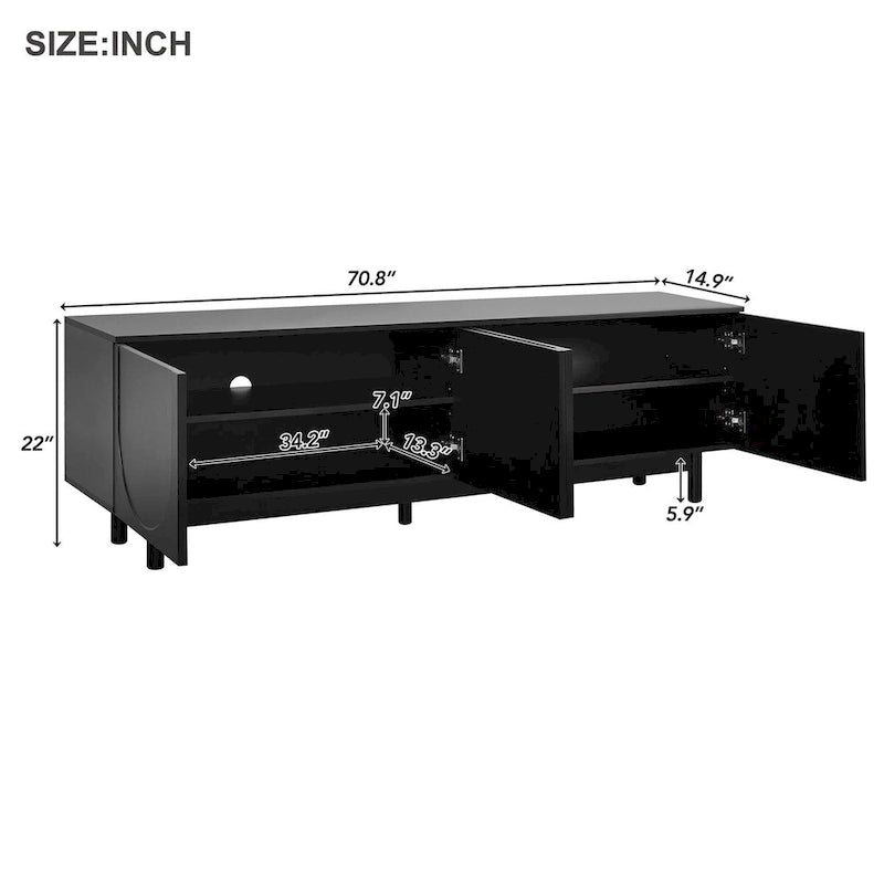 Meuble TV console média avec porte arquée noire, pieds en bois et rangement