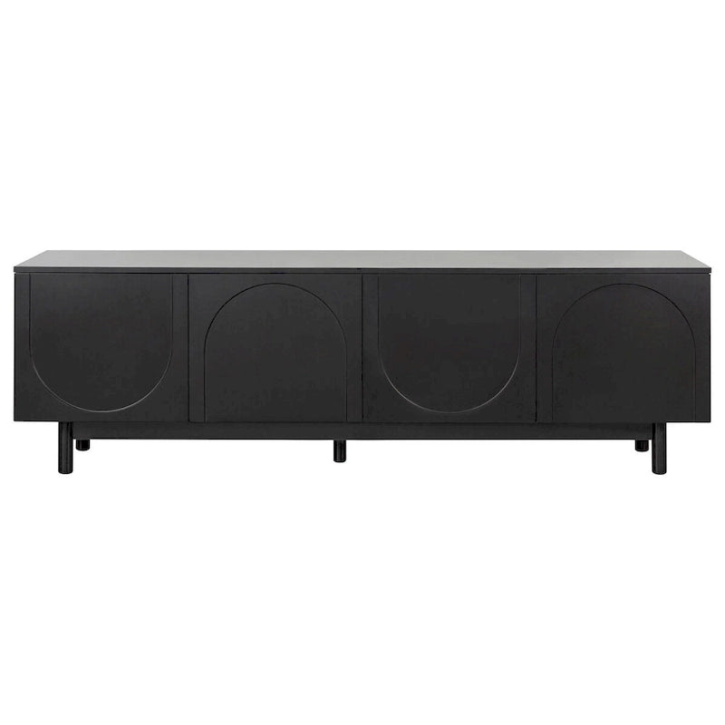 Meuble TV console média avec porte arquée noire, pieds en bois et rangement