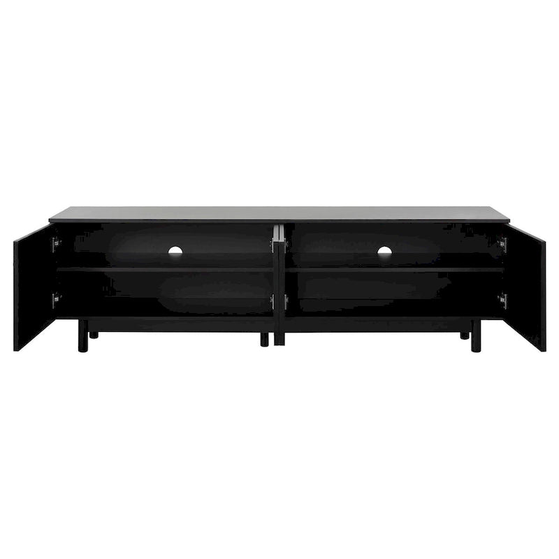Meuble TV console média avec porte arquée noire, pieds en bois et rangement