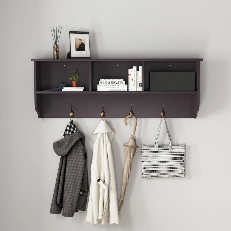 Porte-manteau mural avec étagère de rangement et 4 crochets doubles Espresso Brown