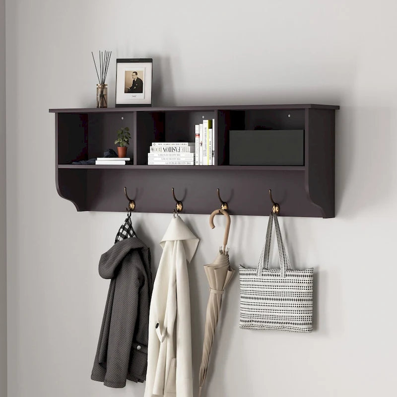 Porte-manteau mural avec étagère de rangement et 4 crochets doubles Espresso Brown