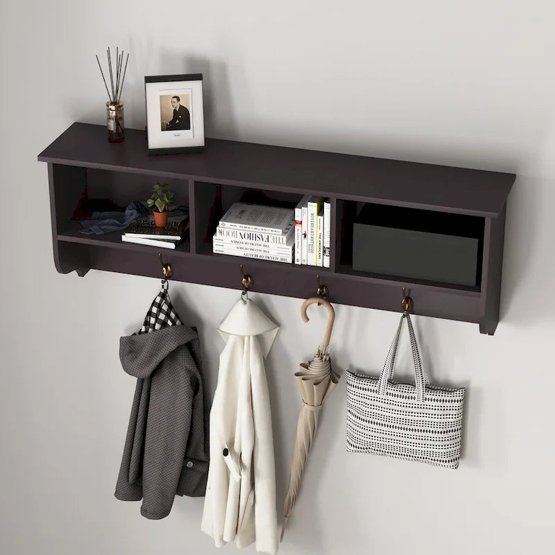 Porte-manteau mural avec étagère de rangement et 4 crochets doubles Espresso Brown