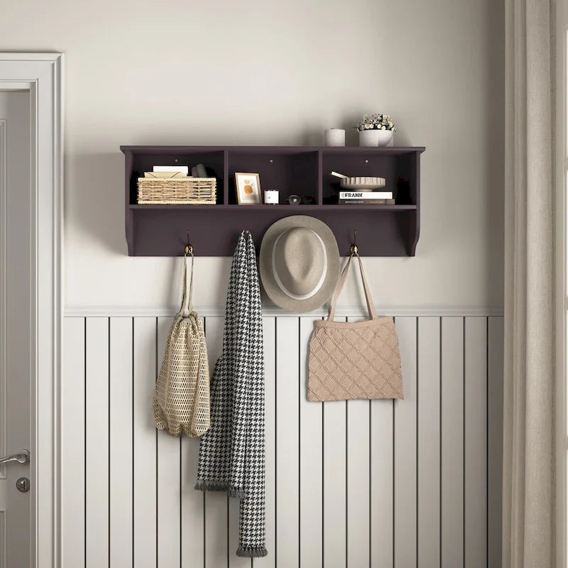 Porte-manteau mural avec étagère de rangement et 4 crochets doubles Espresso Brown