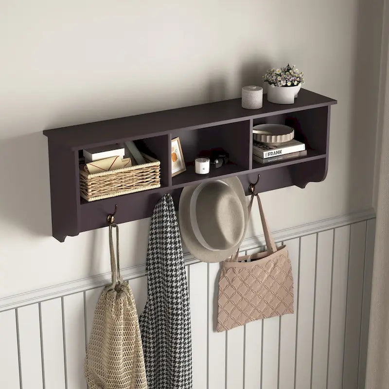 Porte-manteau mural avec étagère de rangement et 4 crochets doubles Espresso Brown
