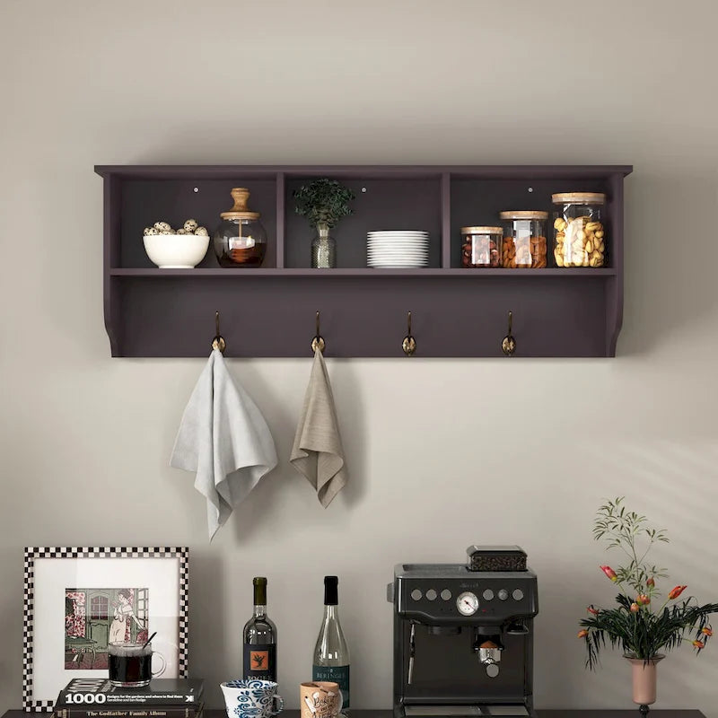 Porte-manteau mural avec étagère de rangement et 4 crochets doubles Espresso Brown