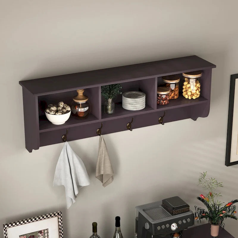 Porte-manteau mural avec étagère de rangement et 4 crochets doubles Espresso Brown
