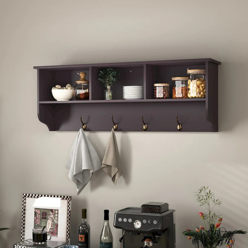 Porte-manteau mural avec étagère de rangement et 4 crochets doubles Espresso Brown