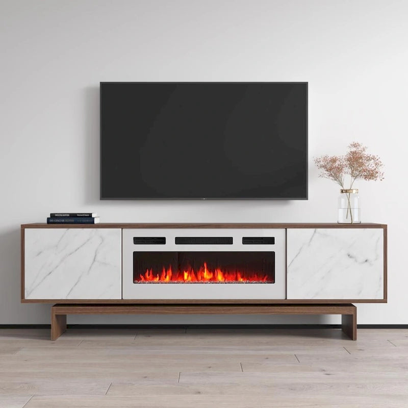 Meuble TV moderne avec foyer électrique, noyer, marbre blanc mat