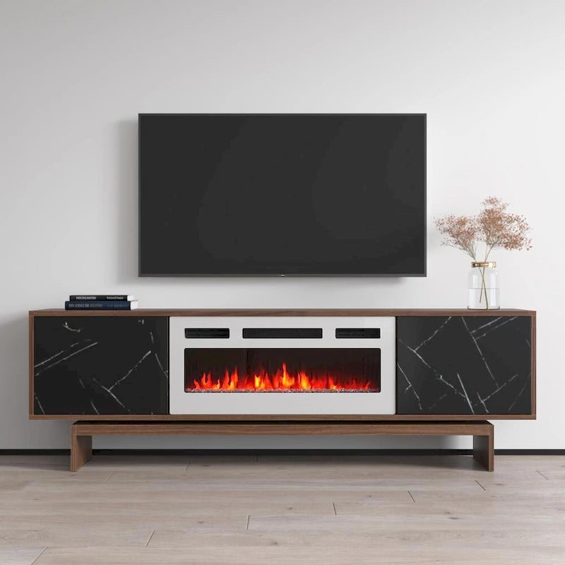 Meuble TV moderne avec foyer électrique, noyer, marbre blanc mat