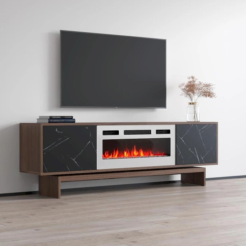 Meuble TV moderne avec foyer électrique, noyer, marbre blanc mat