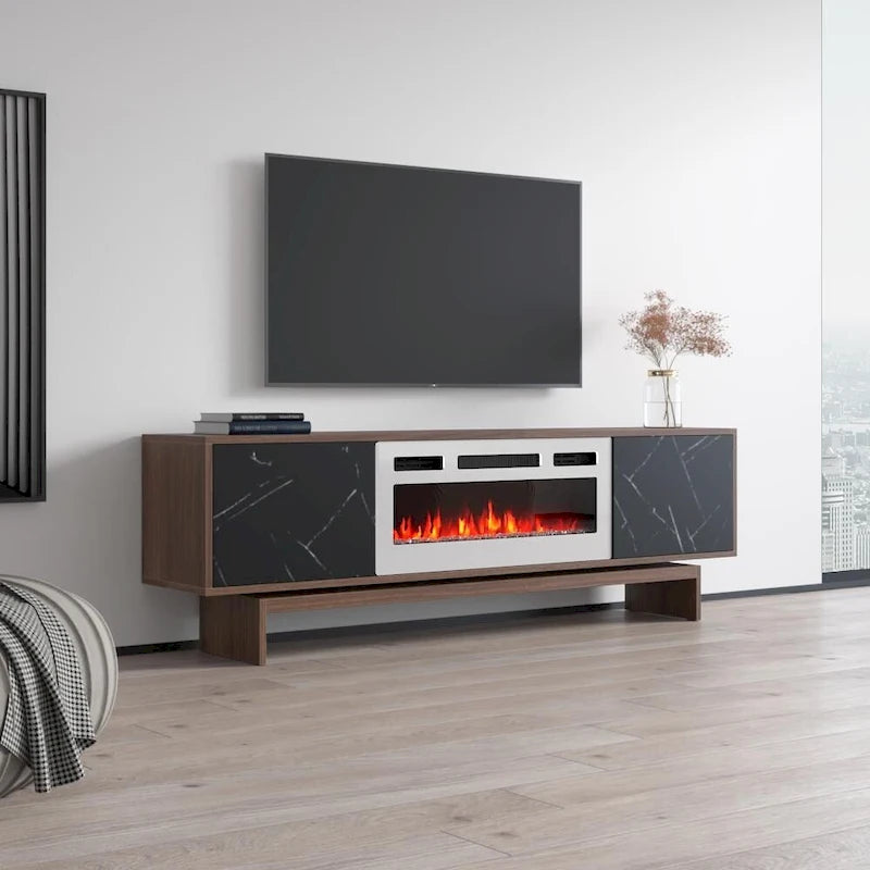 Meuble TV moderne avec foyer électrique, noyer, marbre blanc mat