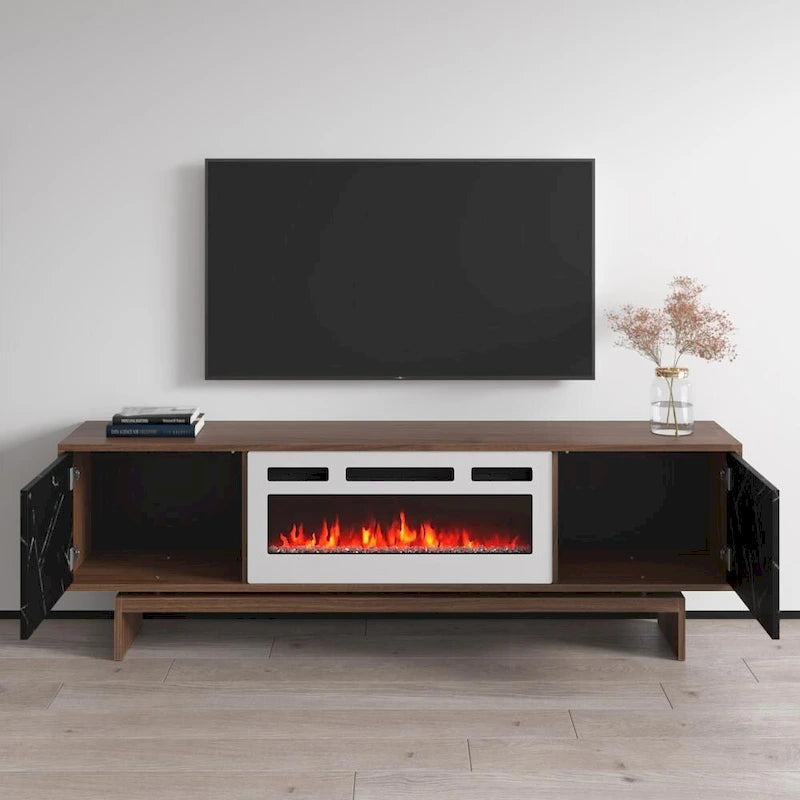 Meuble TV moderne avec foyer électrique, noyer, marbre blanc mat