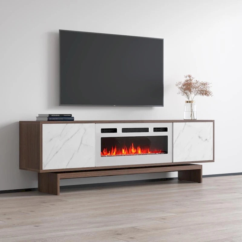 Meuble TV moderne avec foyer électrique, noyer, marbre blanc mat