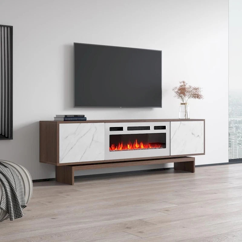 Meuble TV moderne avec foyer électrique, noyer, marbre blanc mat