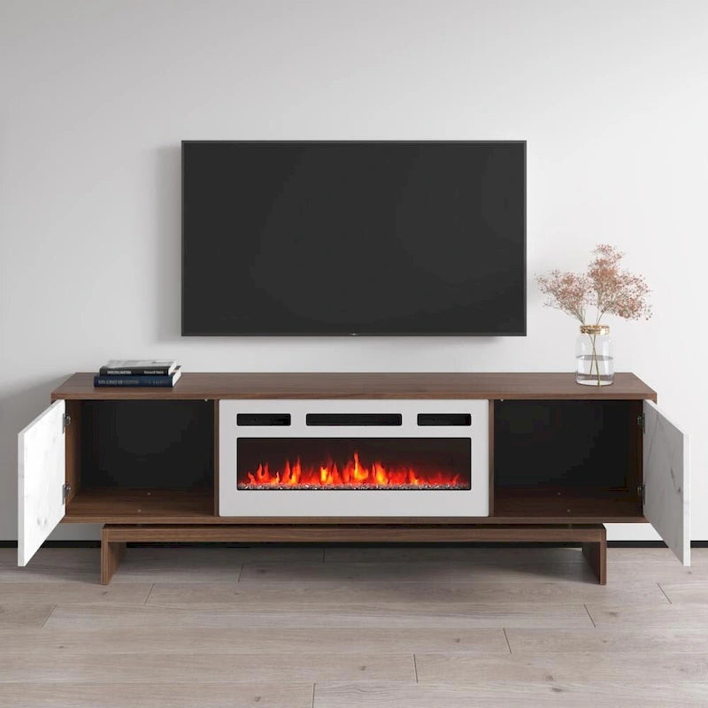 Meuble TV moderne avec foyer électrique, noyer, marbre blanc mat