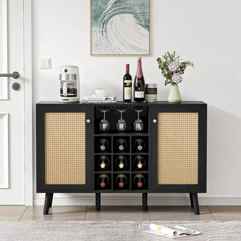Buffet 2 portes en rotin noir avec casier à vin