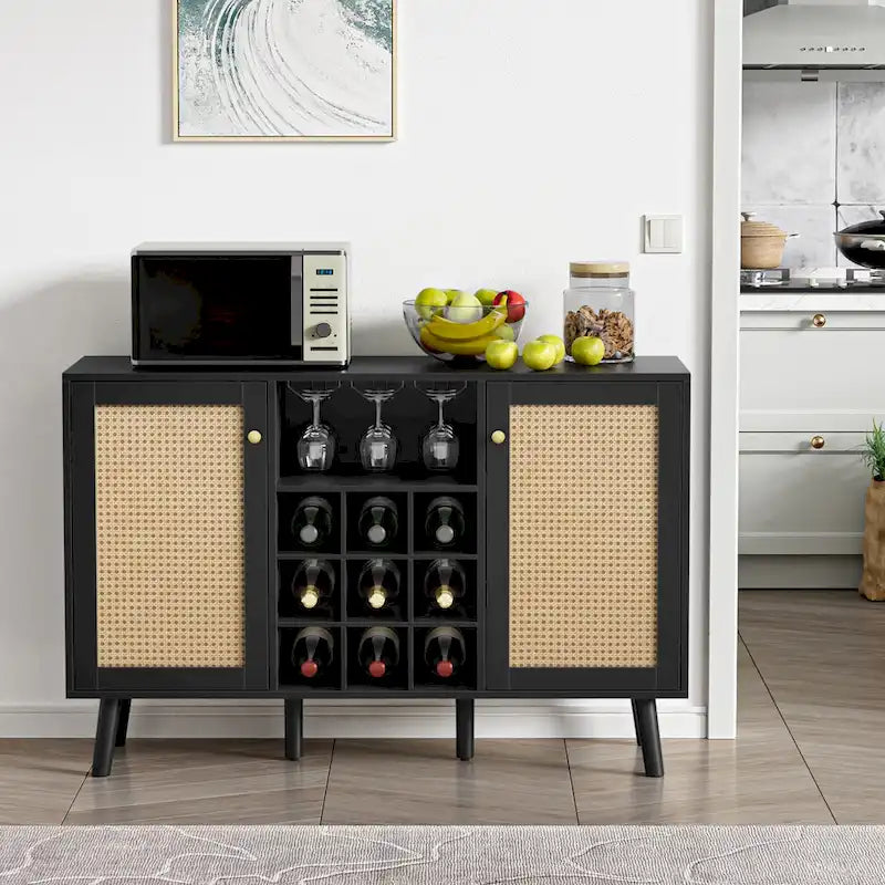 Buffet 2 portes en rotin noir avec casier à vin