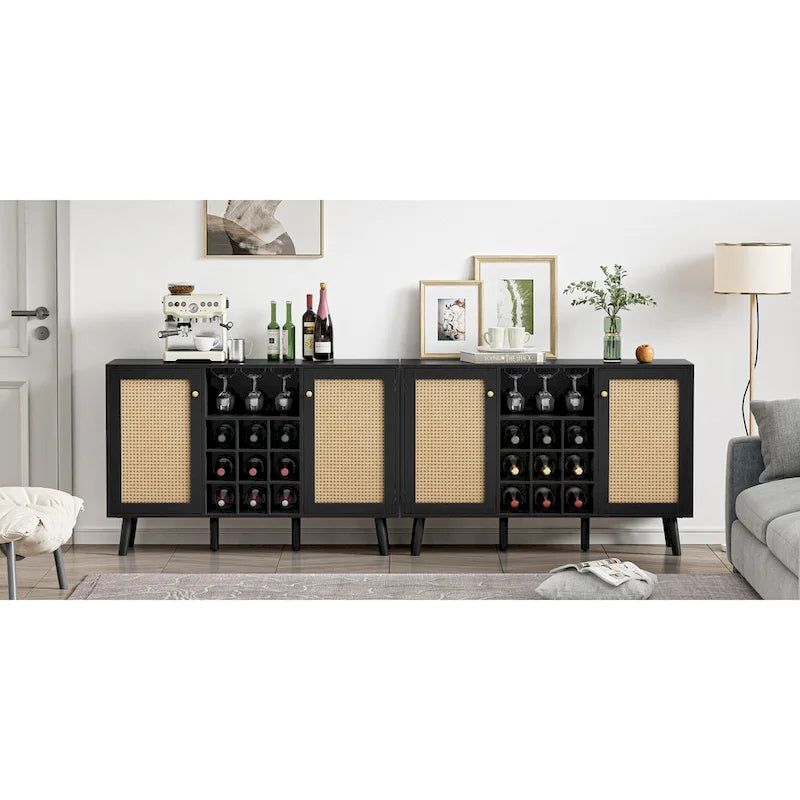 Buffet 2 portes en rotin noir avec casier à vin