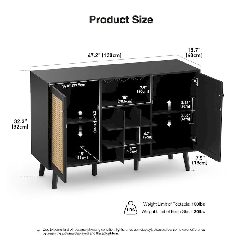 Buffet 2 portes en rotin noir avec casier à vin