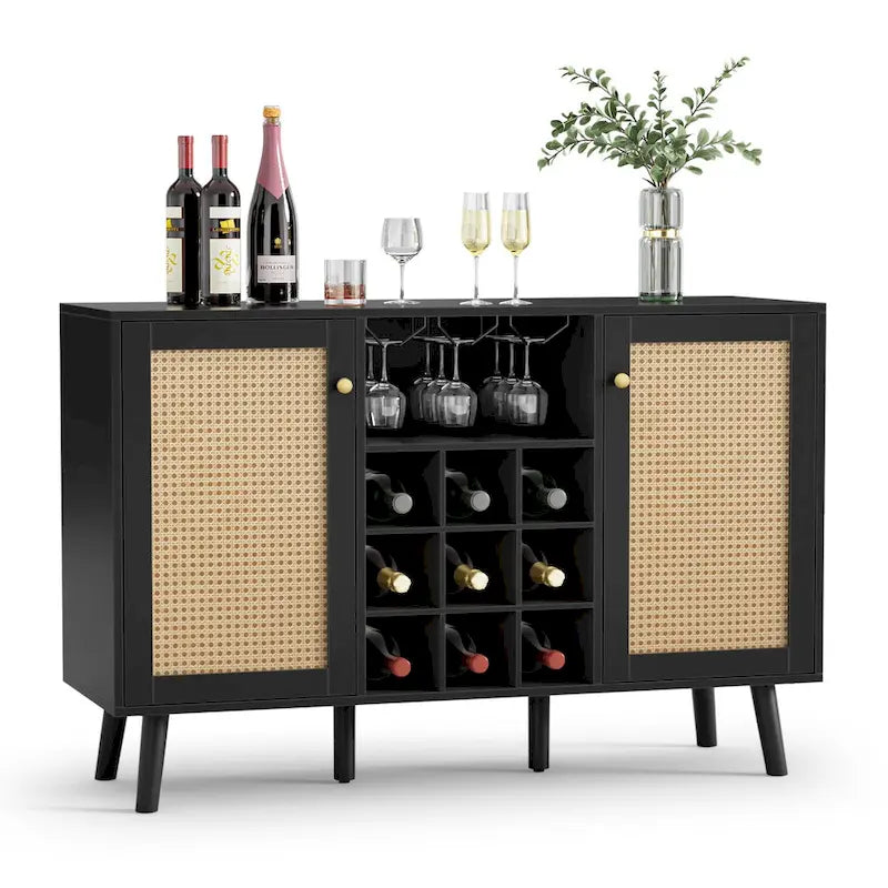 Buffet 2 portes en rotin noir avec casier à vin
