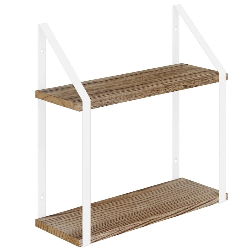 Étagère murale flottante en bois marron rustique avec supports métalliques blancs