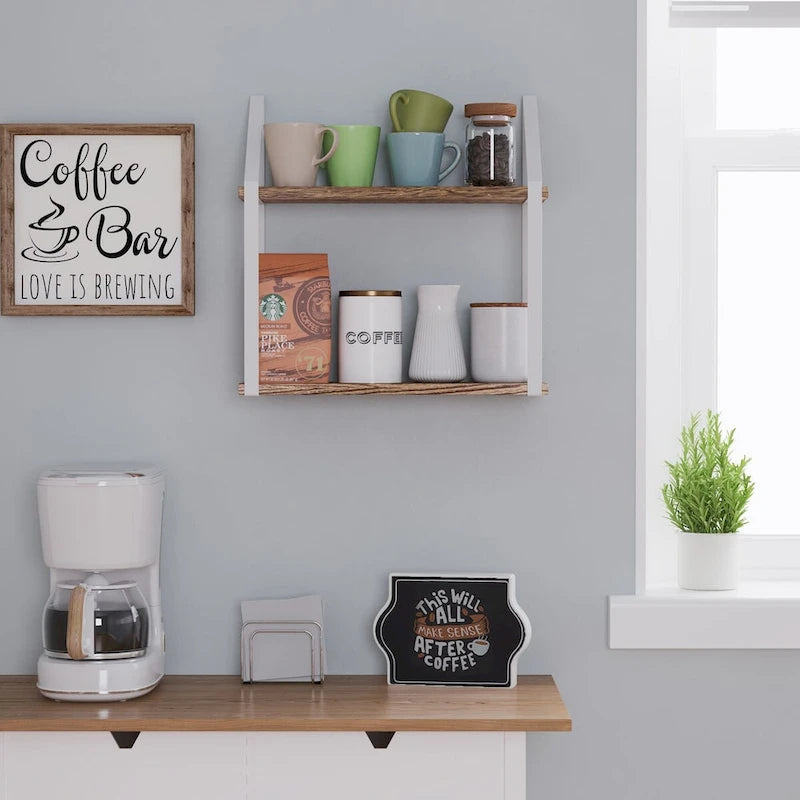 Étagère murale flottante en bois marron rustique avec supports métalliques blancs