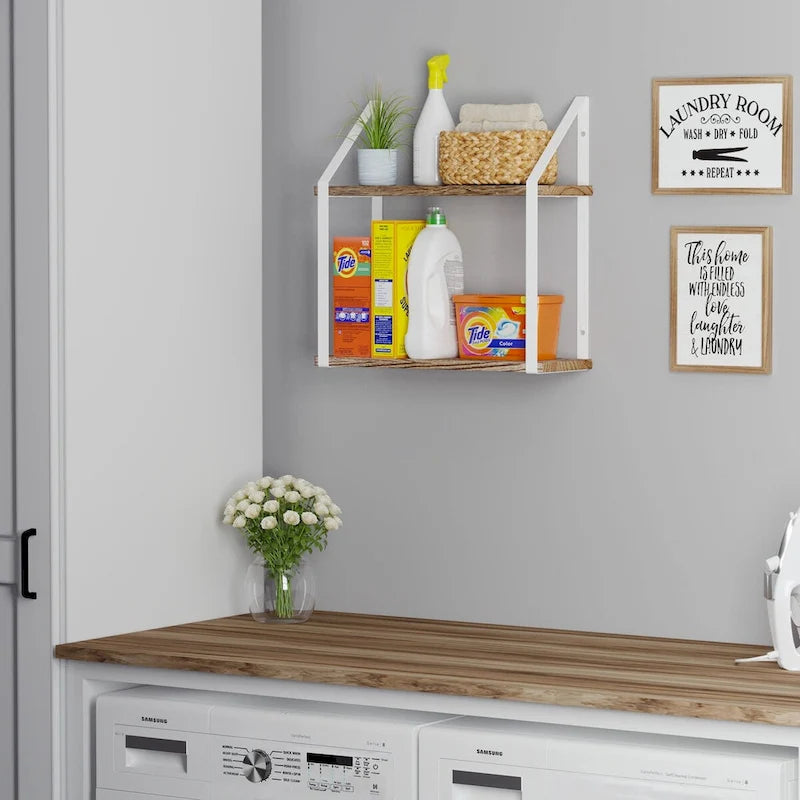 Étagère murale flottante en bois marron rustique avec supports métalliques blancs