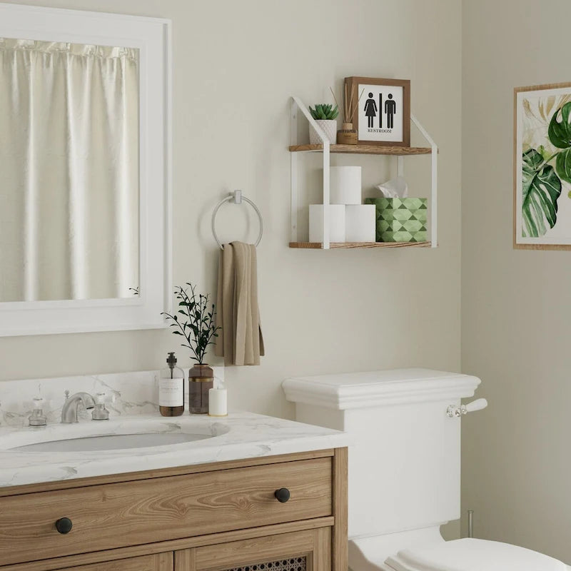 Étagère murale flottante en bois marron rustique avec supports métalliques blancs