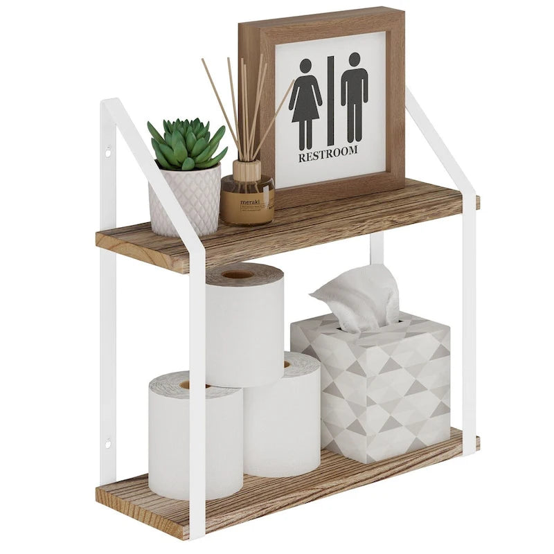 Étagère murale flottante en bois marron rustique avec supports métalliques blancs