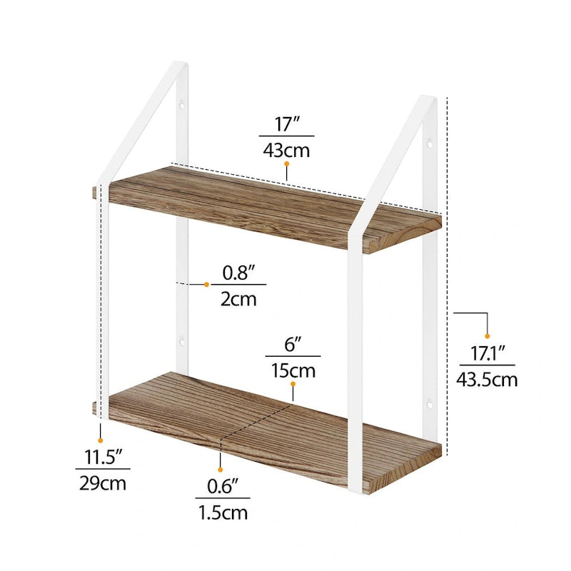Étagère murale flottante en bois marron rustique avec supports métalliques blancs