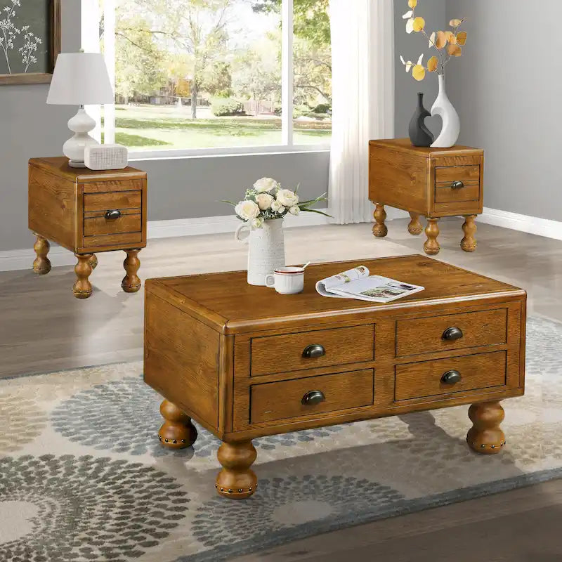 Table basse en pin massif marron antique avec tiroirs et pieds gourde