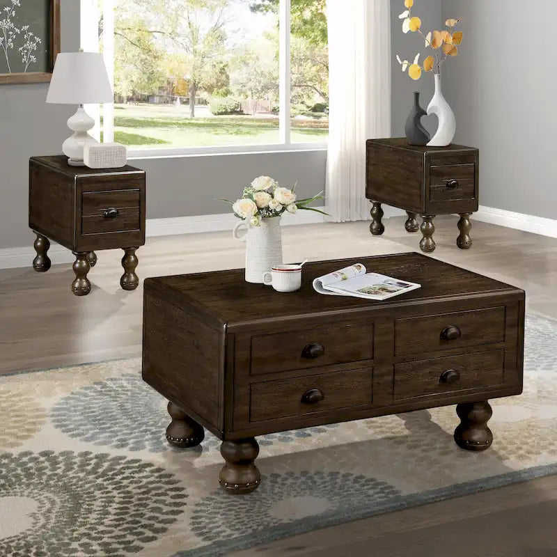Table basse en pin massif marron antique avec tiroirs et pieds gourde