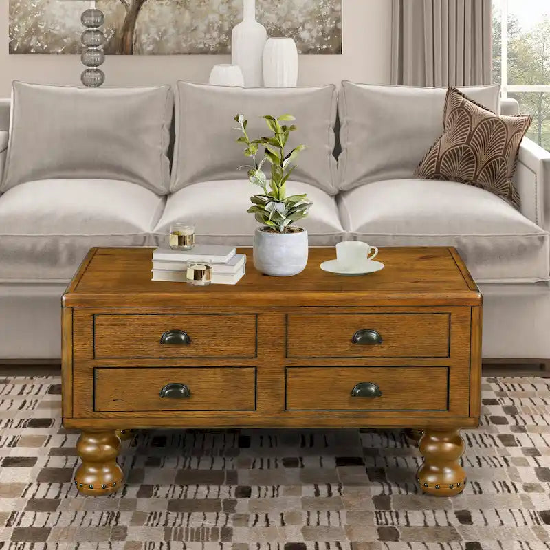Table basse en pin massif marron antique avec tiroirs et pieds gourde