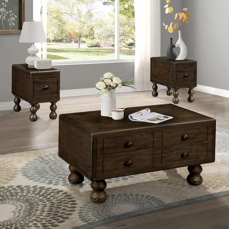 Table basse en pin massif marron antique avec tiroirs et pieds gourde