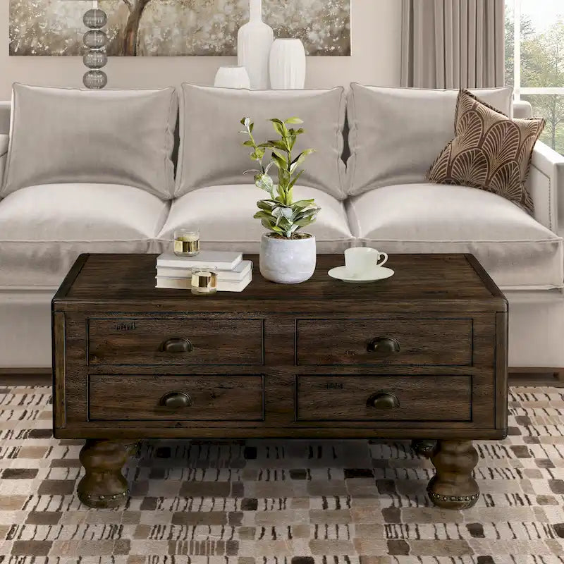Table basse en pin massif marron antique avec tiroirs et pieds gourde