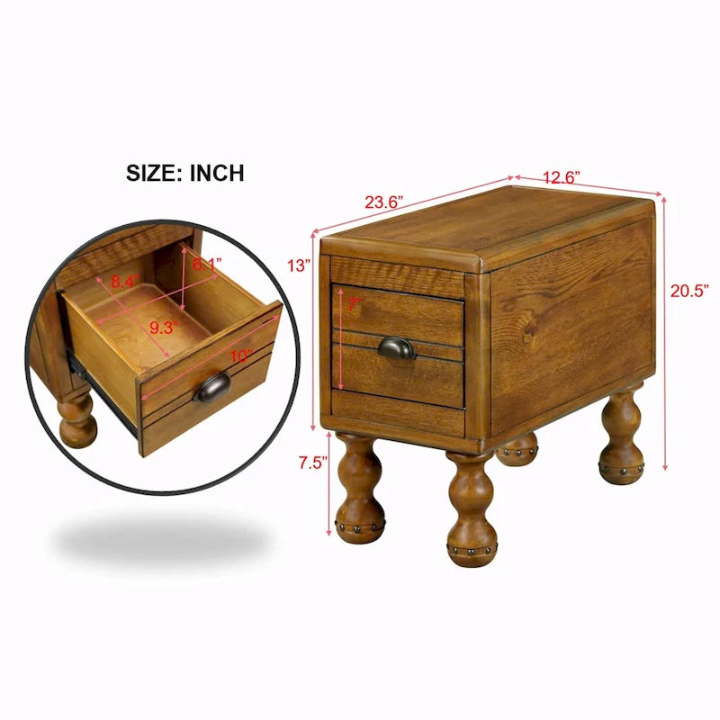 Table basse en pin massif marron antique avec tiroirs et pieds gourde