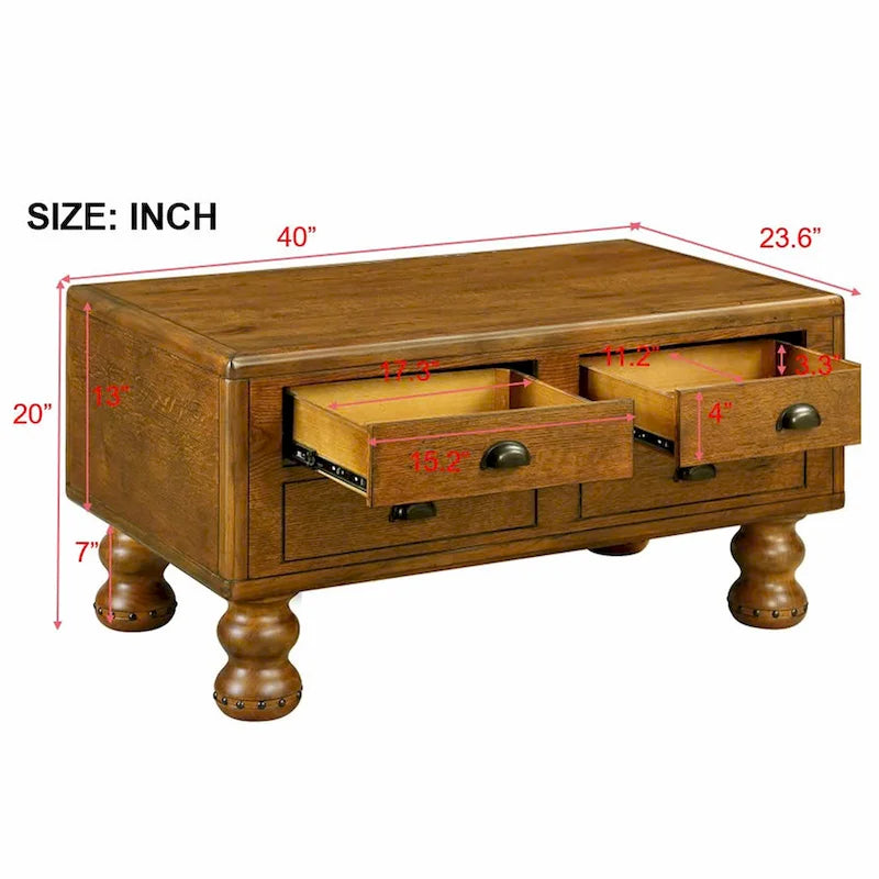Table basse en pin massif marron antique avec tiroirs et pieds gourde