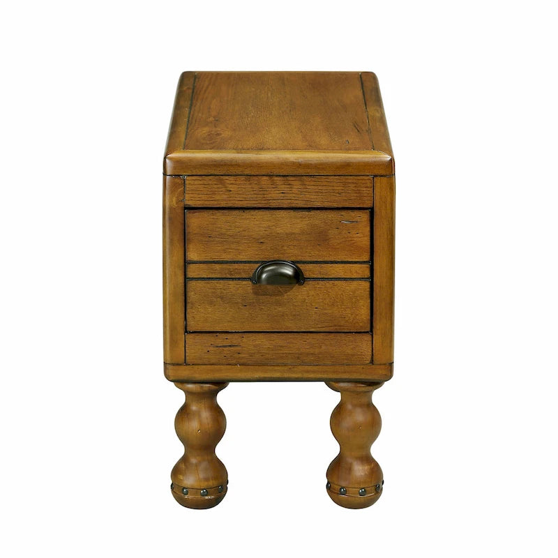 Table basse en pin massif marron antique avec tiroirs et pieds gourde