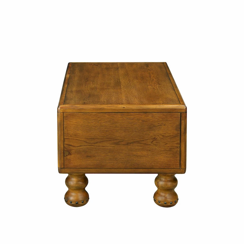 Table basse en pin massif marron antique avec tiroirs et pieds gourde