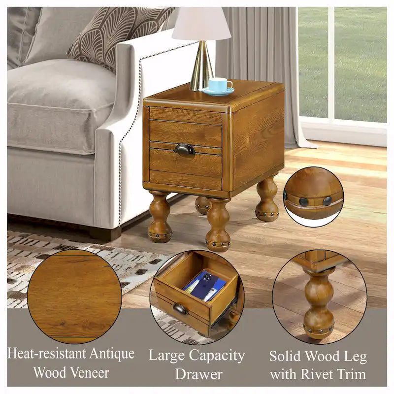Table basse en pin massif marron antique avec tiroirs et pieds gourde