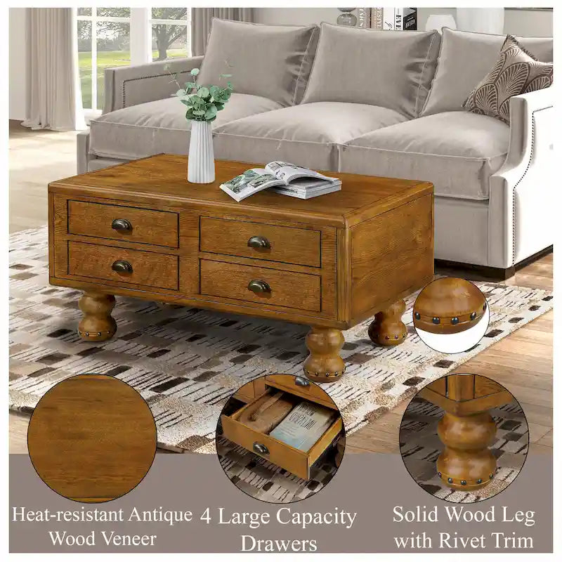 Table basse en pin massif marron antique avec tiroirs et pieds gourde