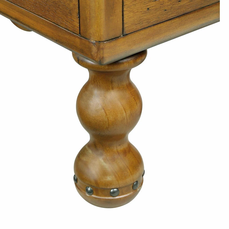 Table basse en pin massif marron antique avec tiroirs et pieds gourde