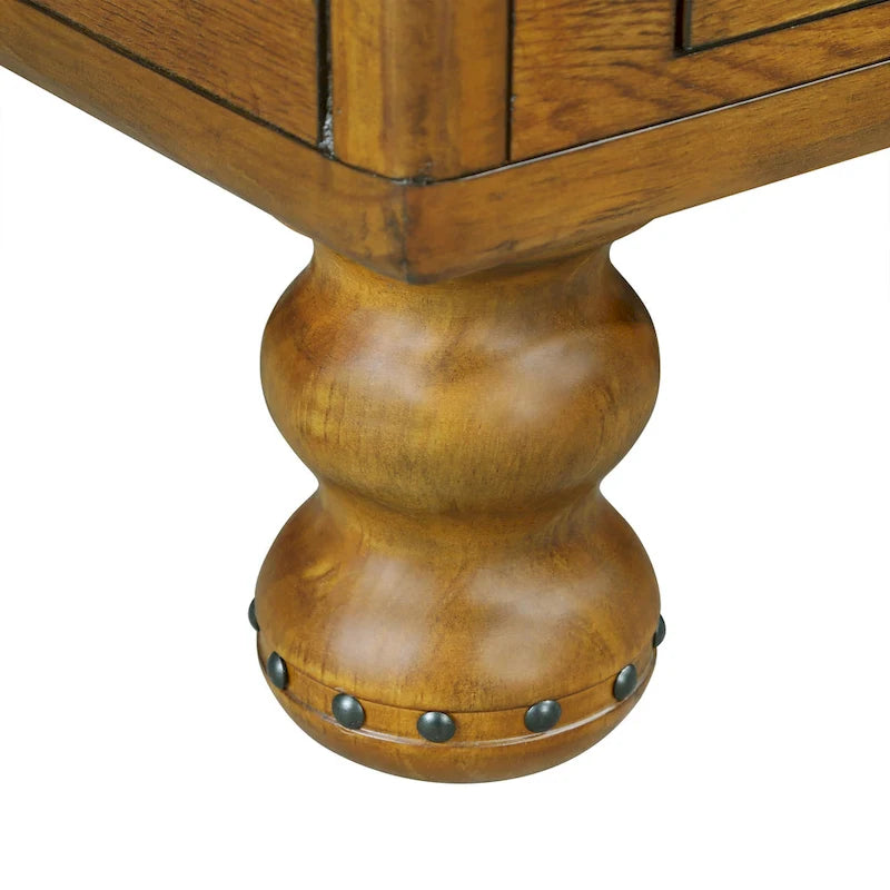 Table basse en pin massif marron antique avec tiroirs et pieds gourde