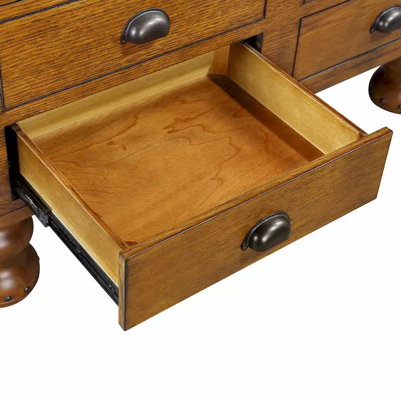 Table basse en pin massif marron antique avec tiroirs et pieds gourde