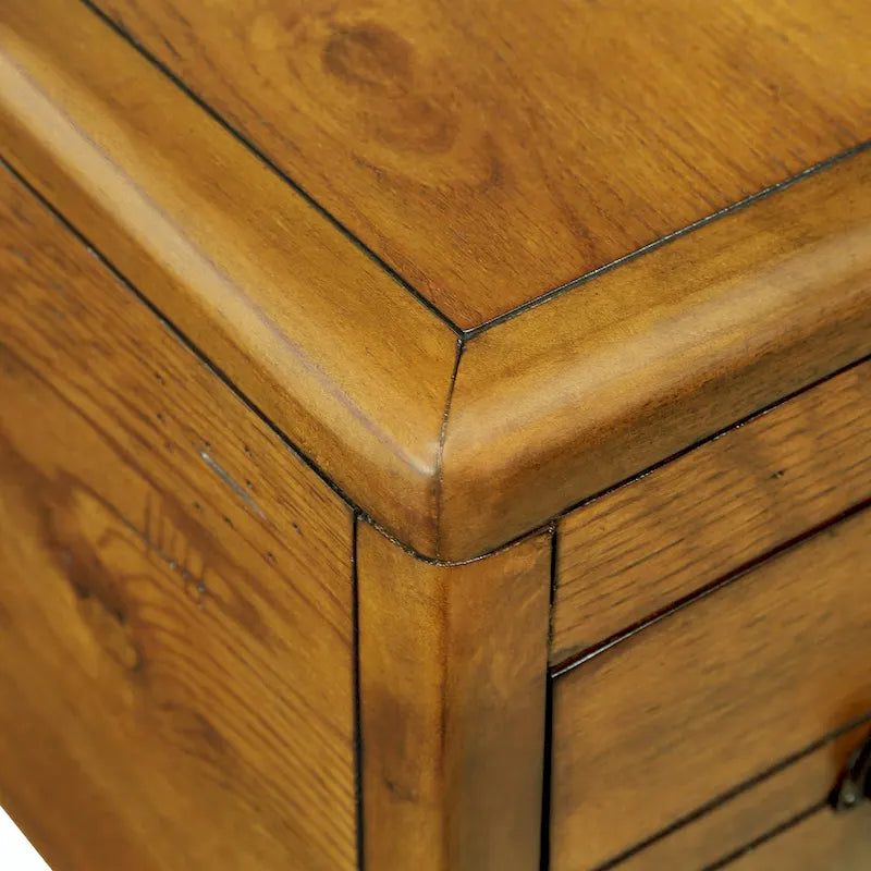 Table basse en pin massif marron antique avec tiroirs et pieds gourde