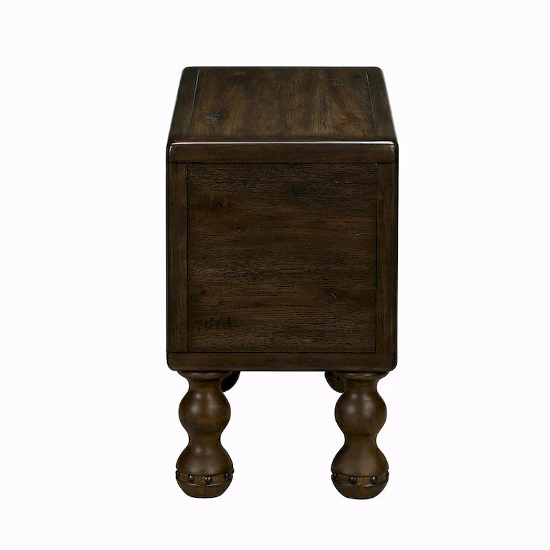 Table basse en pin massif marron antique avec tiroirs et pieds gourde