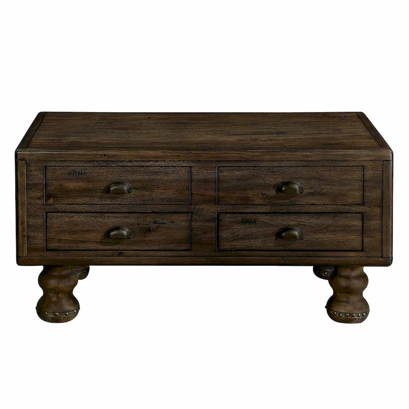 Table basse en pin massif marron antique avec tiroirs et pieds gourde