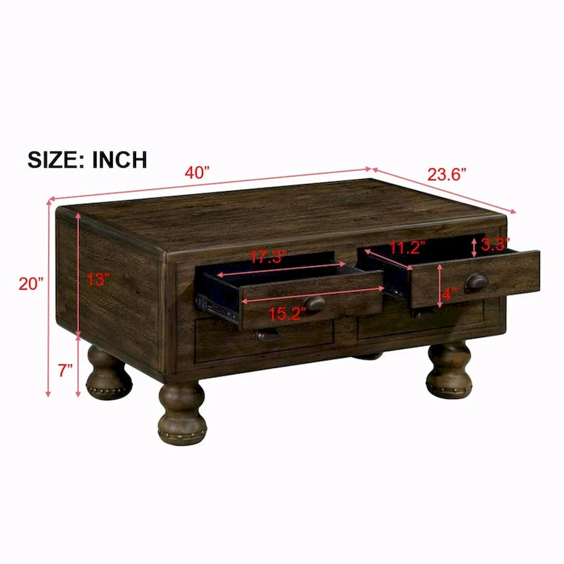 Table basse en pin massif marron antique avec tiroirs et pieds gourde