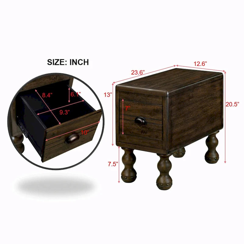 Table basse en pin massif marron antique avec tiroirs et pieds gourde