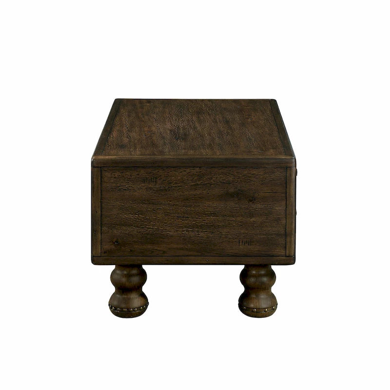 Table basse en pin massif marron antique avec tiroirs et pieds gourde
